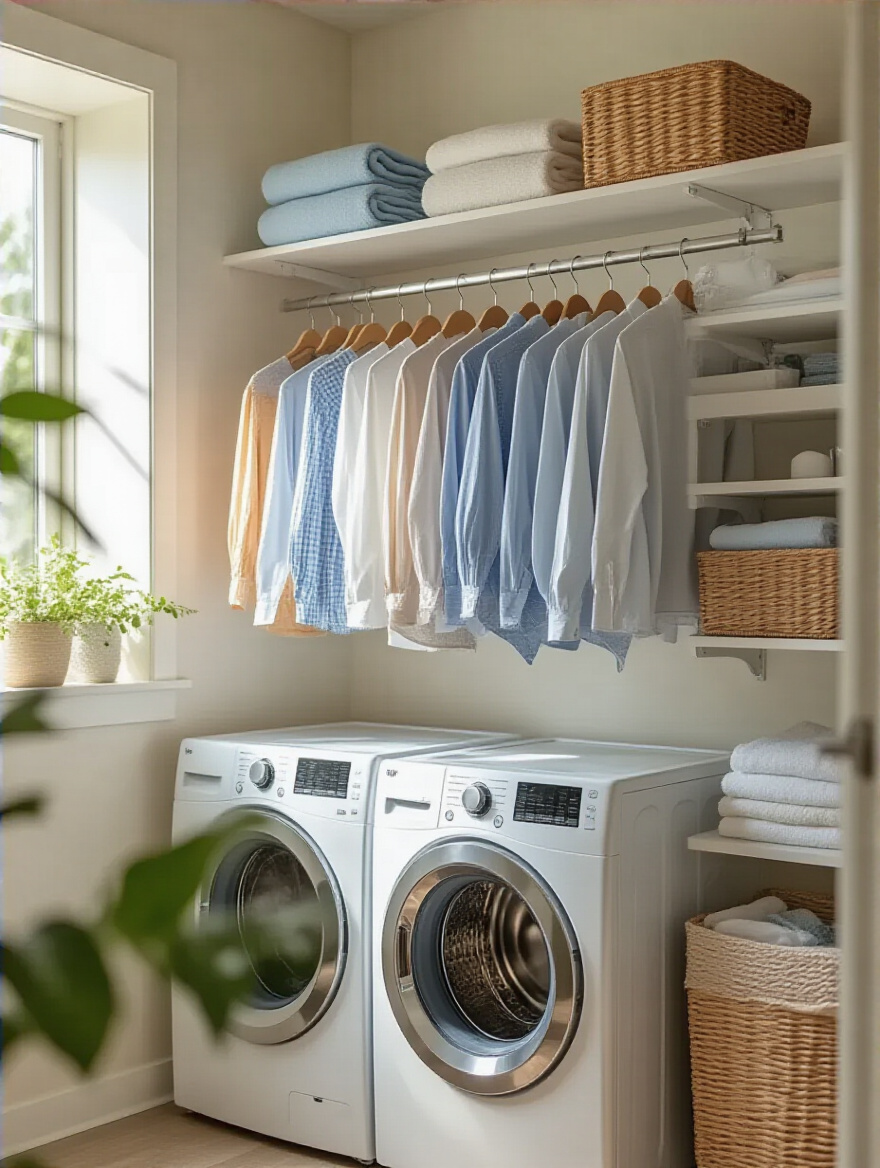 Organized laundry room with a mounted clothing rod filled with freshly dried clothes