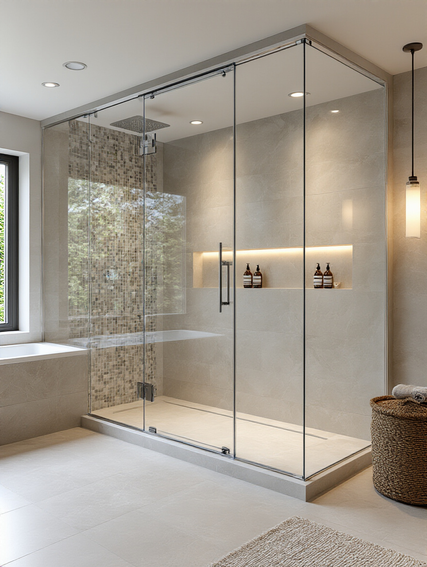 Modern bathroom with frameless glass shower enclosure showcasing luxury and transparency