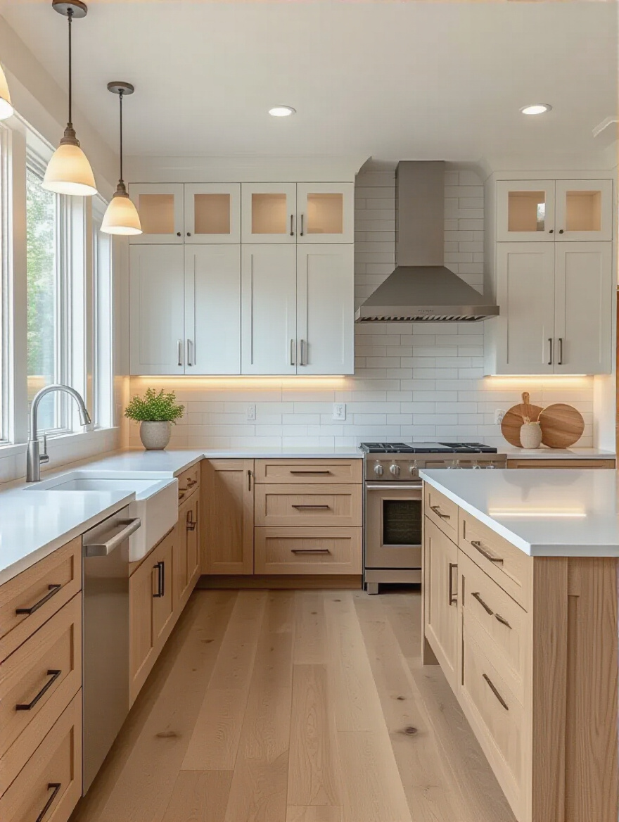 Modern kitchen with light oak lower cabinets and white upper cabinets, featuring quartz countertop and subway tile backsplash