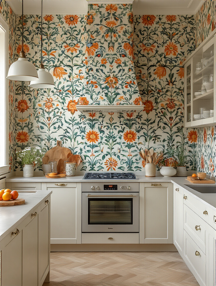 A kitchen with a vibrant accent wall made of patterned wallpaper