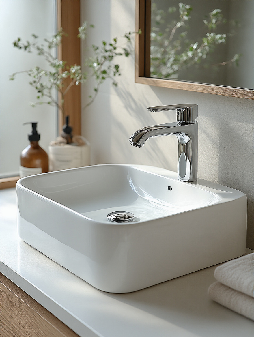 Modern bathroom vanity with polished chrome wall-mounted faucet and clean white countertop