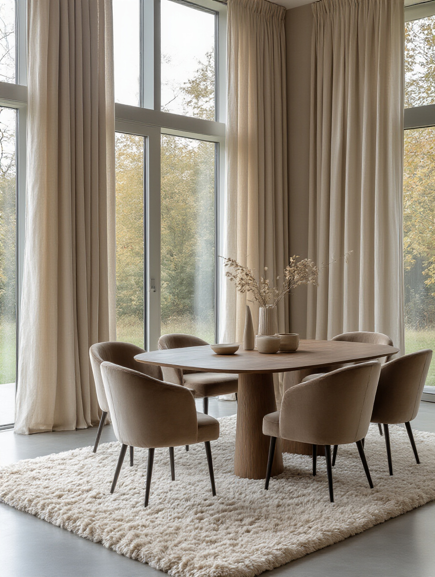 Modern dining room with upholstered velvet chairs, plush wool rug, and thick linen drapes optimizing acoustics