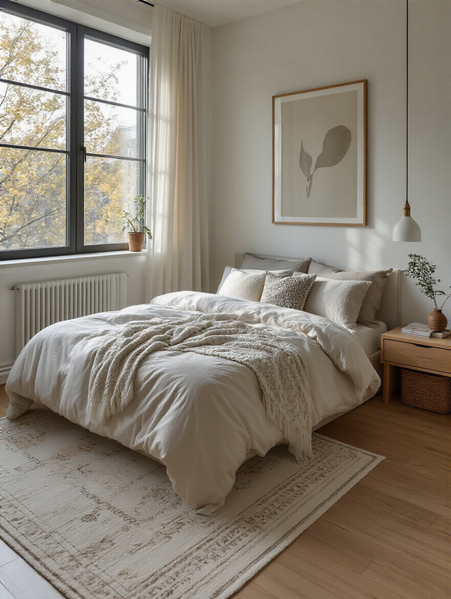 Small bedroom with clear pathways around bed and furniture for easy movement