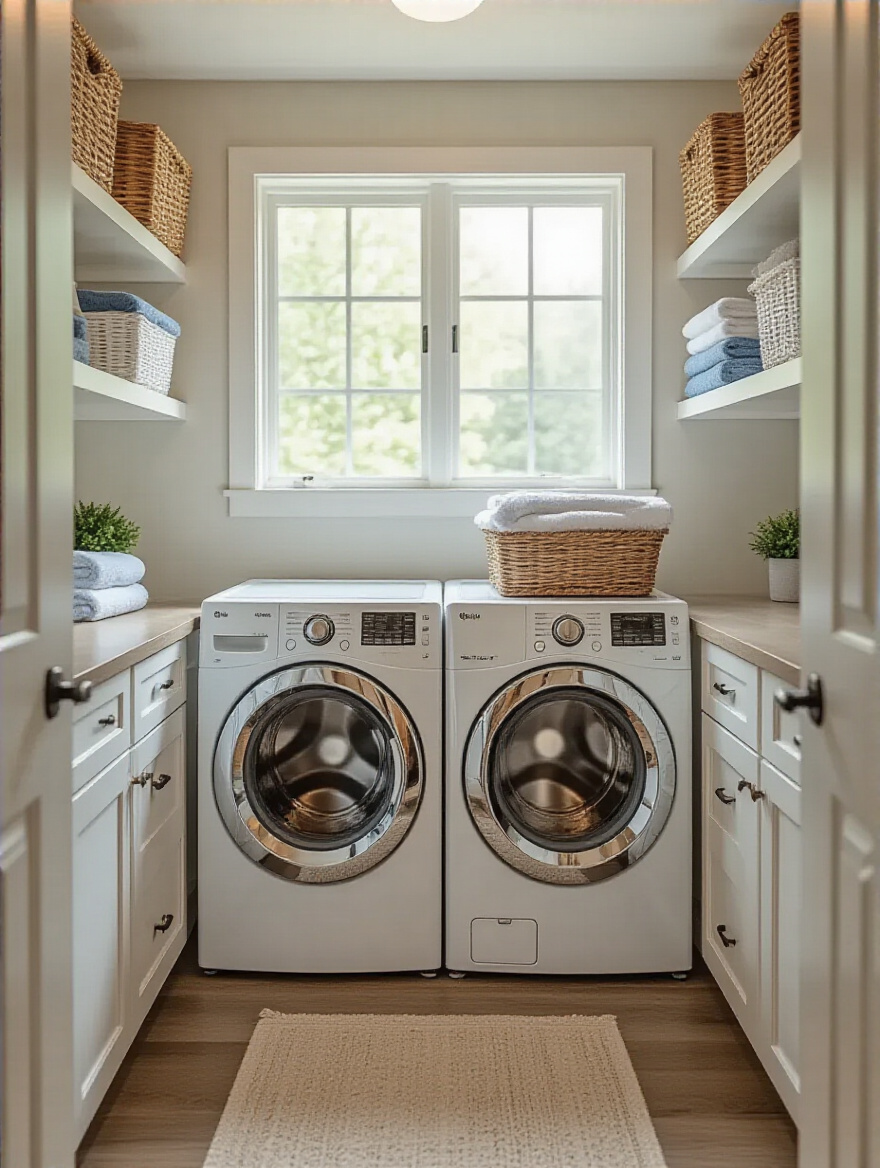 Well-organized laundry room with appliances strategically placed for optimal traffic flow.