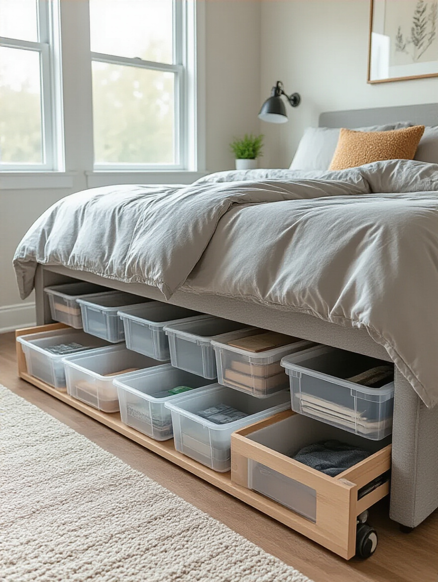 Organized under-bed storage bins with wheels in a modern small bedroom with bed risers