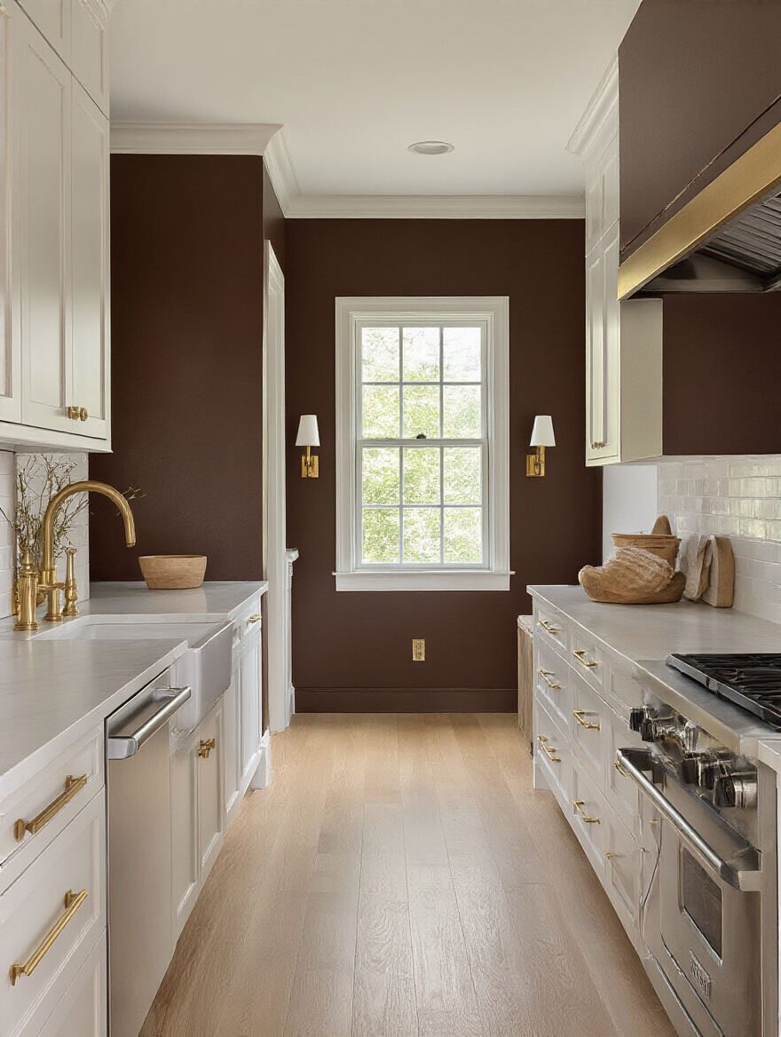 Modern kitchen with a bold chocolate brown accent wall behind white cabinetry, showcasing dramatic depth and warm, sophisticated design.