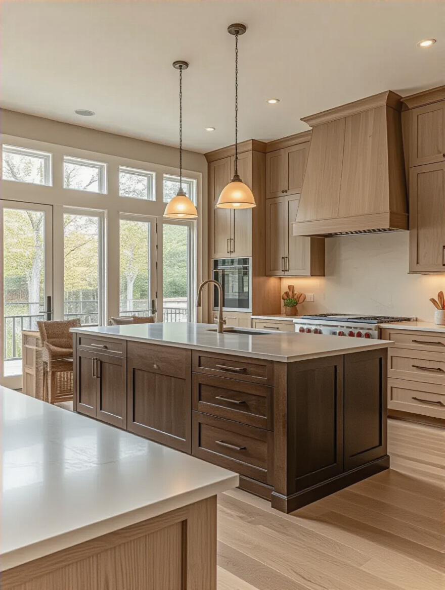 Modern kitchen with light oak upper cabinets and dark espresso island showing dynamic visual interest through contrast in brown tones