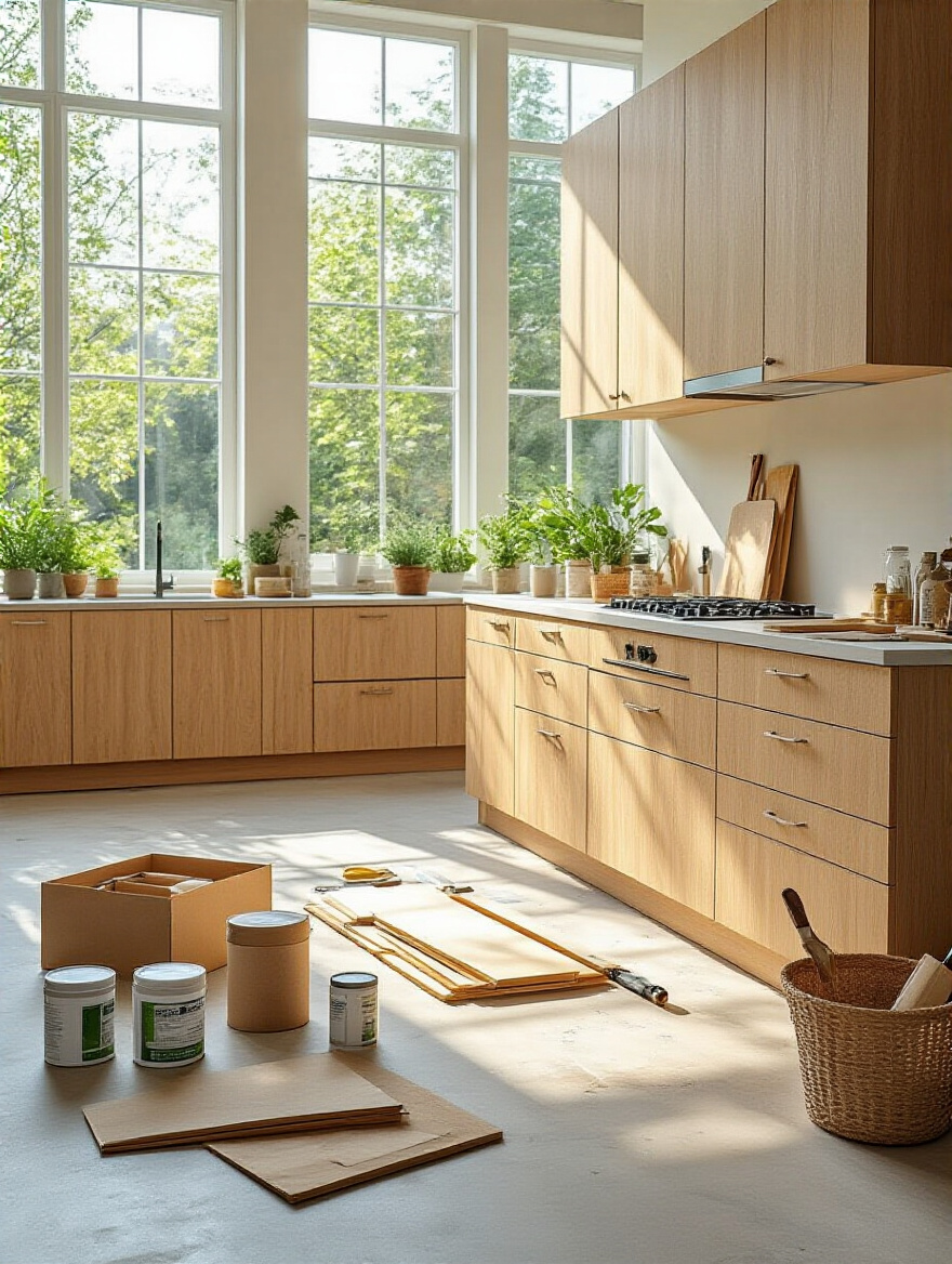 Eco-friendly organic kitchen cabinet installation scene with sustainable materials and tools, no people