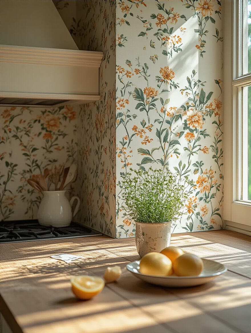 A kitchen with patched wallpaper using matching leftover scraps, showcasing a seamless repair.