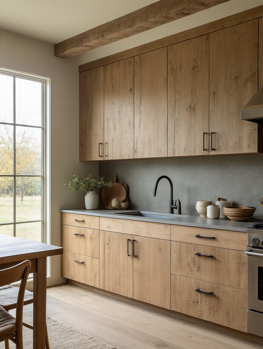 Organic kitchen cabinets personalized with eco-friendly materials blending modern minimalist and rustic farmhouse styles