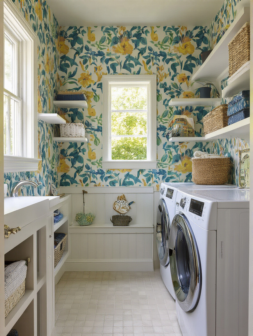 A laundry room with personalized walls featuring peel-and-stick wallpaper and vibrant paint.