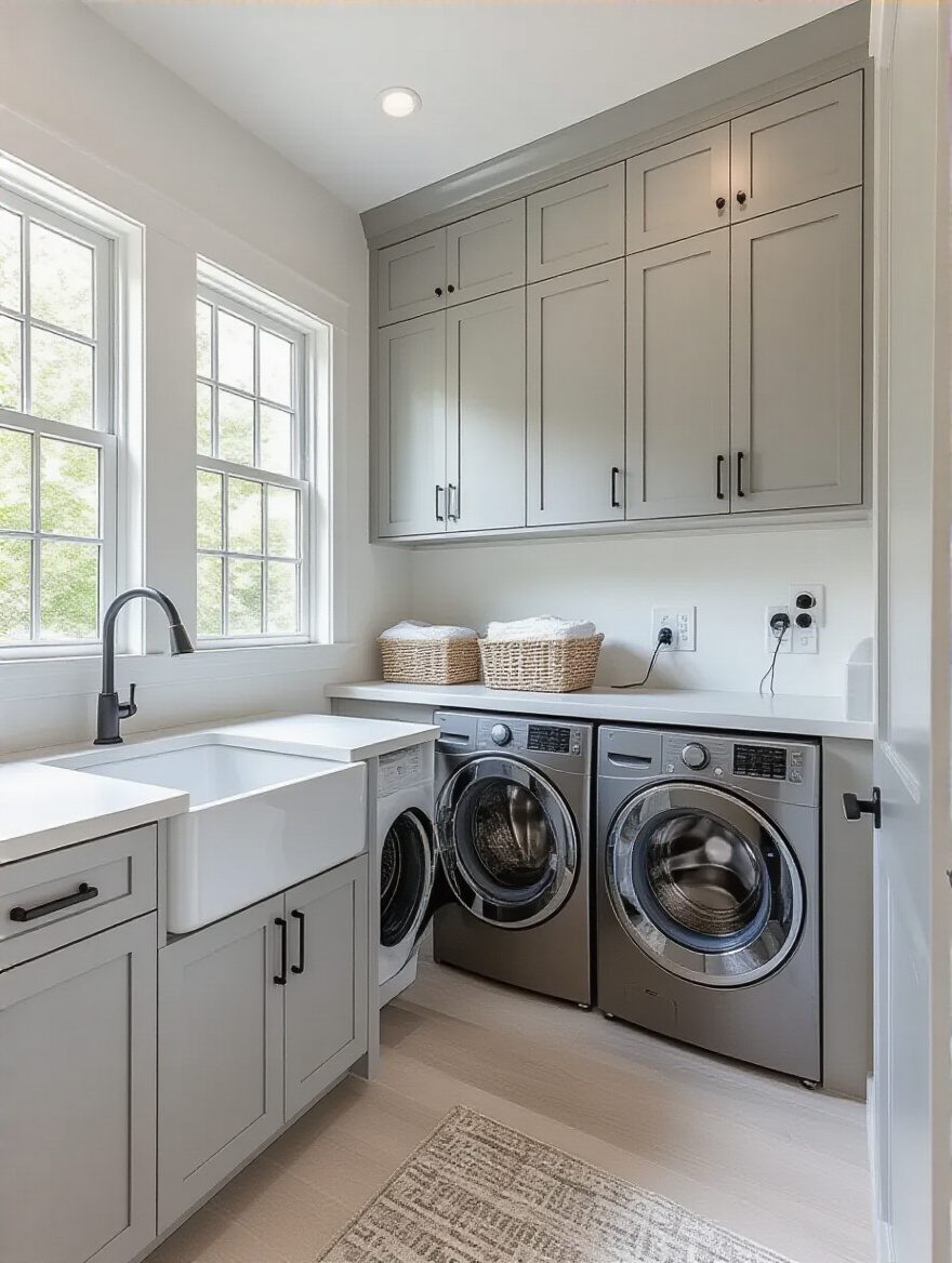 Modern laundry room with ample electrical outlets for appliances