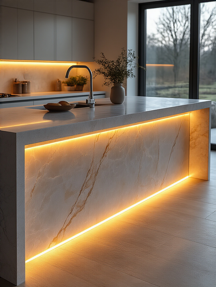 Modern kitchen island with warm under-countertop LED lighting highlighting quartz countertop edges