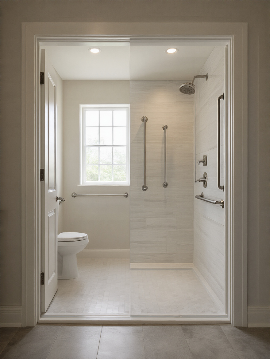 Modern bathroom featuring wide doors and sleek grab bars for future accessibility