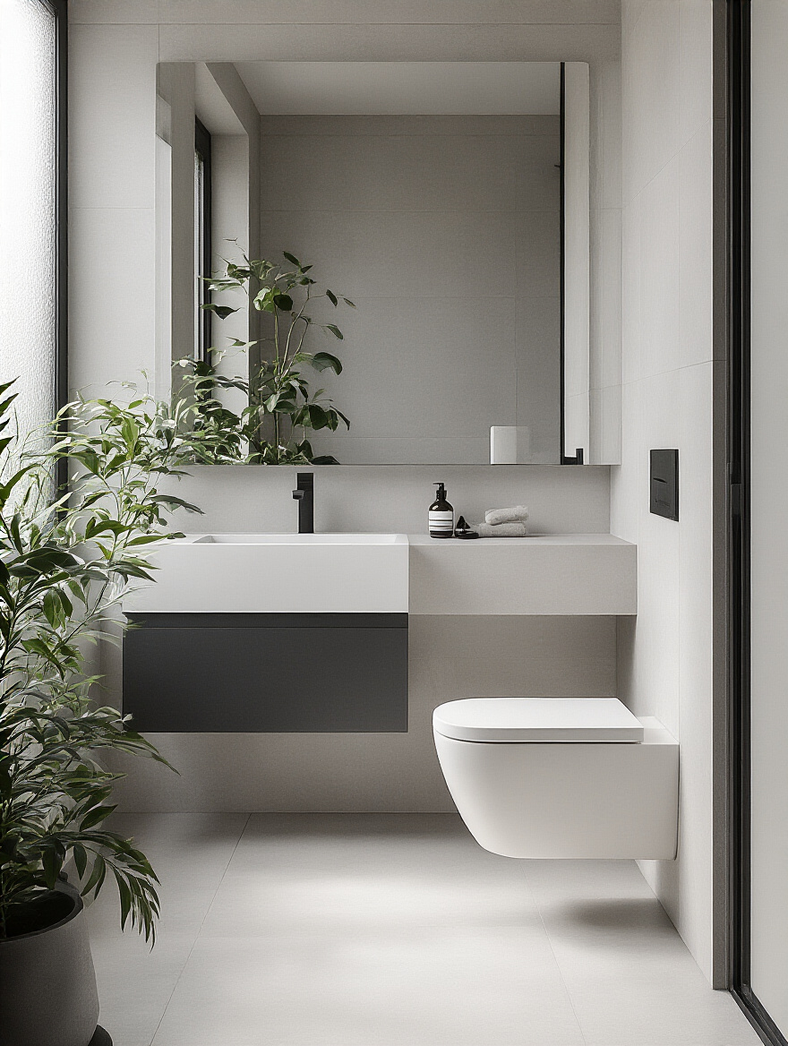 Modern bathroom with clean-lined fixtures including geometric faucet, integrated sink, and wall-mounted toilet for a sleek minimalist look