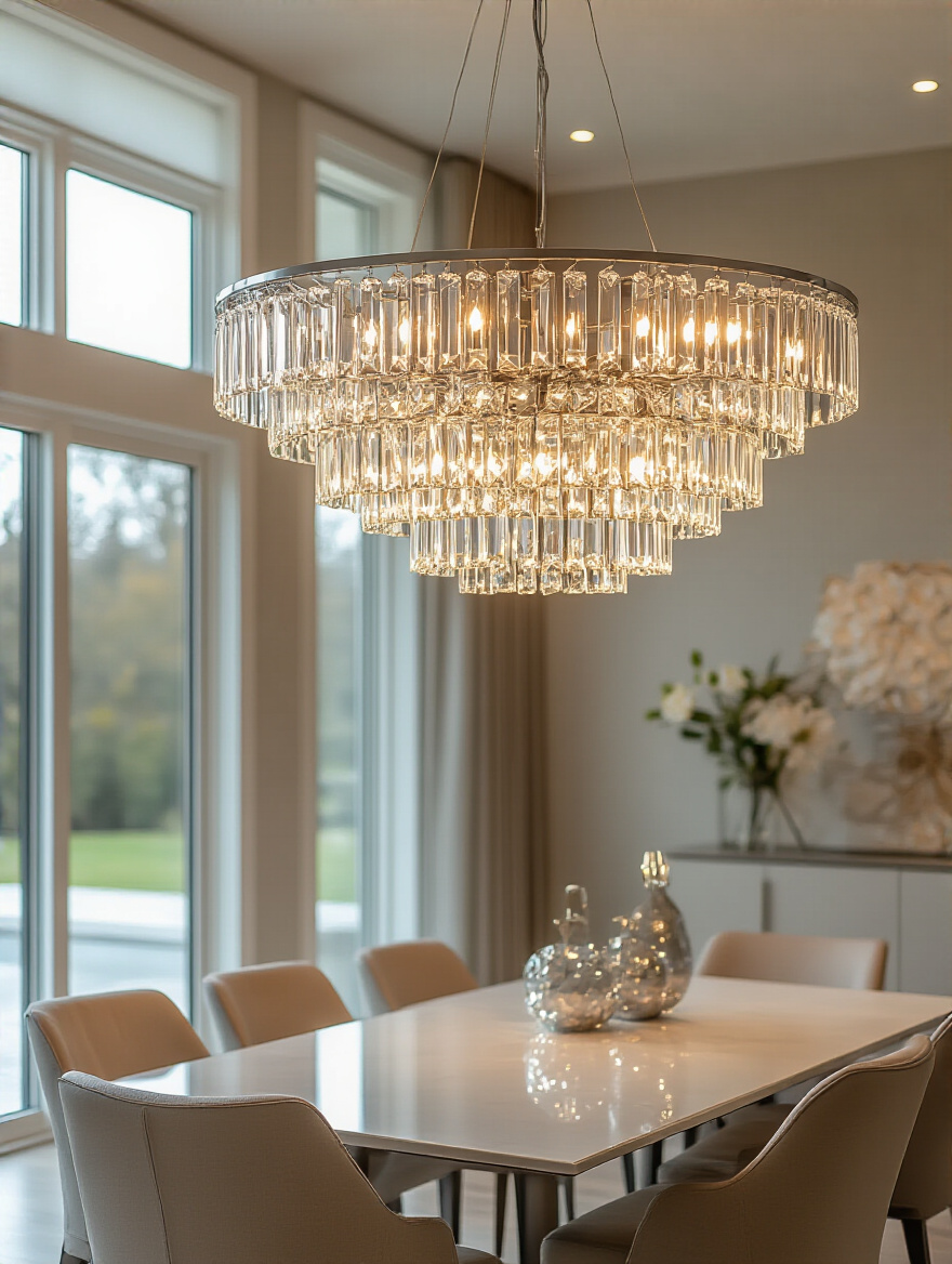 Modern dining room chandelier with easy cleaning access, smooth polished metal and large crystals, lit and centered above dining table