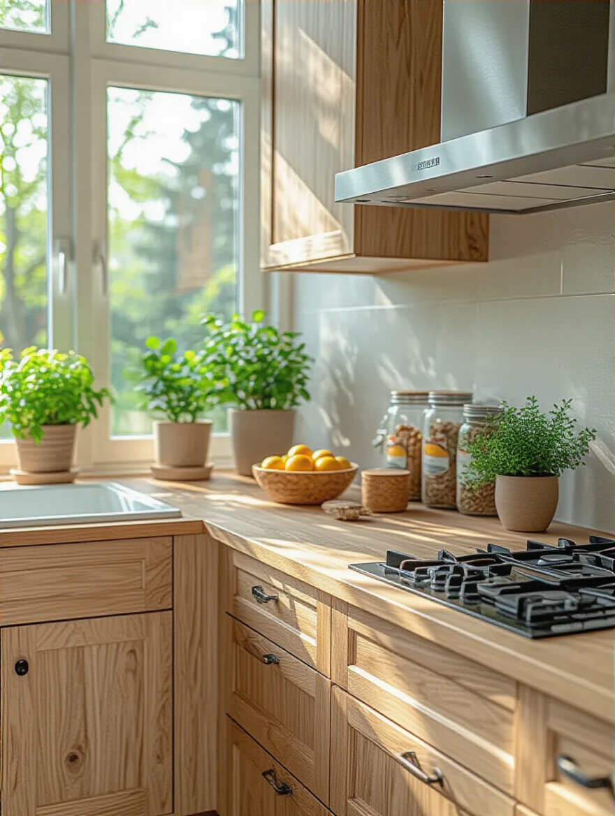Close-up of organic kitchen cabinet corner highlighting joints made with non-toxic glues under natural lighting