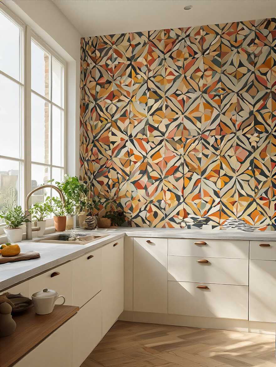 Stylish kitchen with removable peel-and-stick wallpaper in a geometric design.