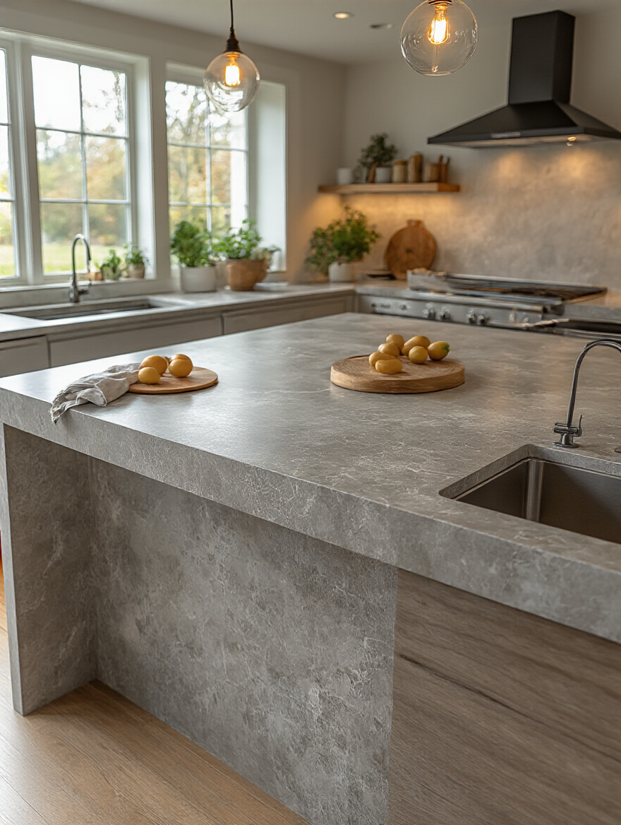 Modern kitchen island countertop highlighting scratch and stain resistant surface in a bright, clean kitchen setting