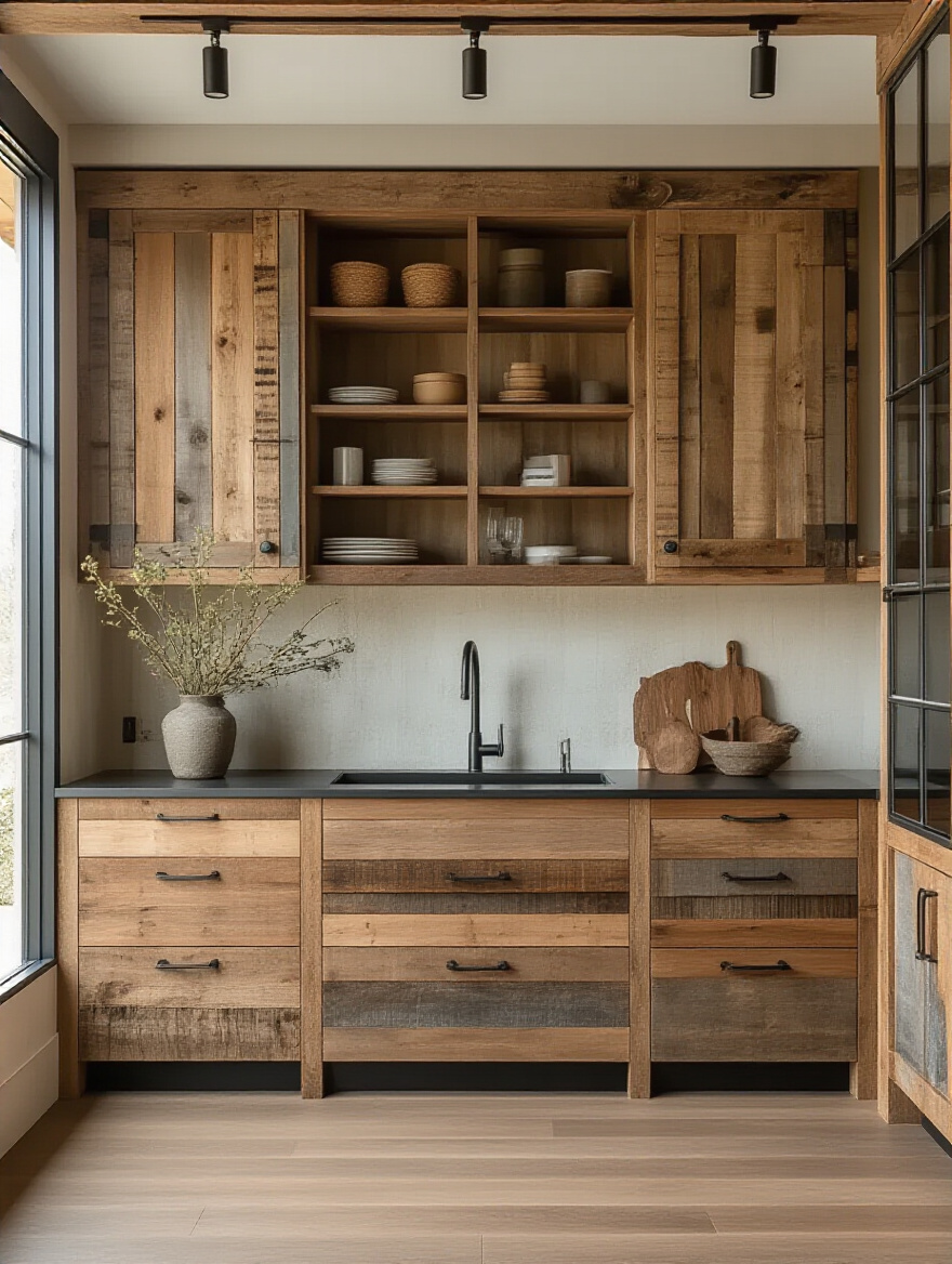 Close-up portrait image of organic kitchen cabinets made with recycled and upcycled materials showcasing unique textures and eco-friendly design