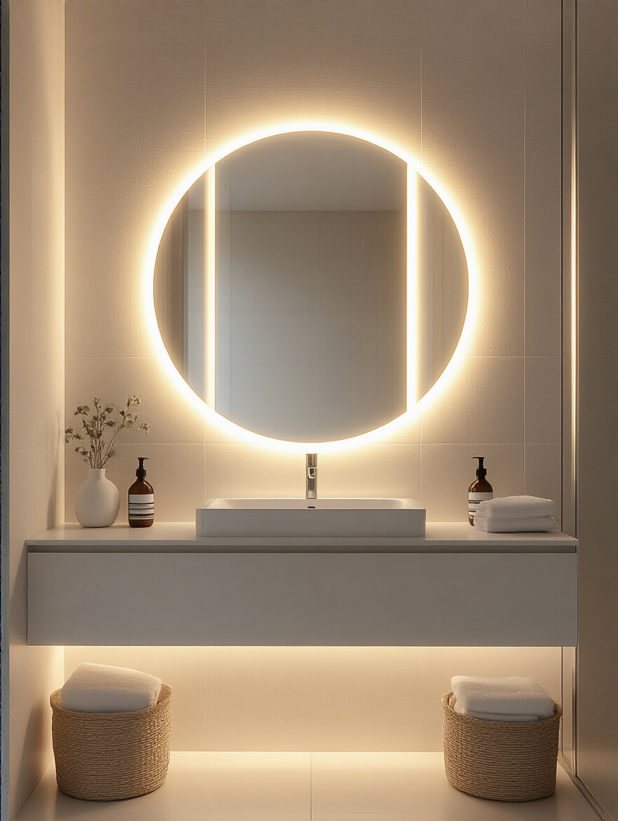 Modern bathroom with backlit mirror providing ambient lighting
