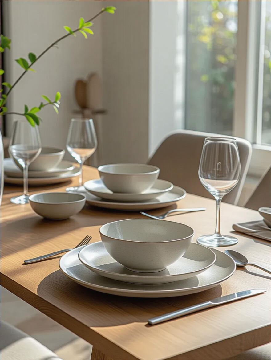 Modern dining table set with contemporary tableware including porcelain plates, stoneware bowls, stainless steel flatware, and glassware in a minimalist dining room setting