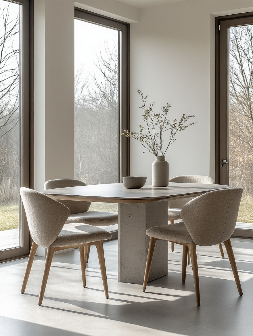 Modern dining room with durable sintered stone dining table and minimalist design, no people