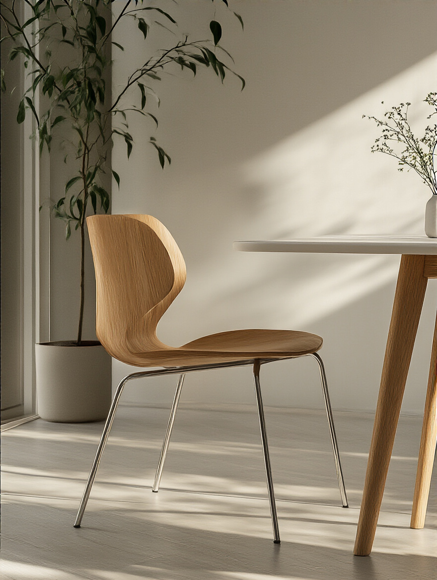 Modern dining room portrait showing a clean-lined ergonomic chair with natural wood finish and metal legs next to a minimalist white dining table in soft natural light
