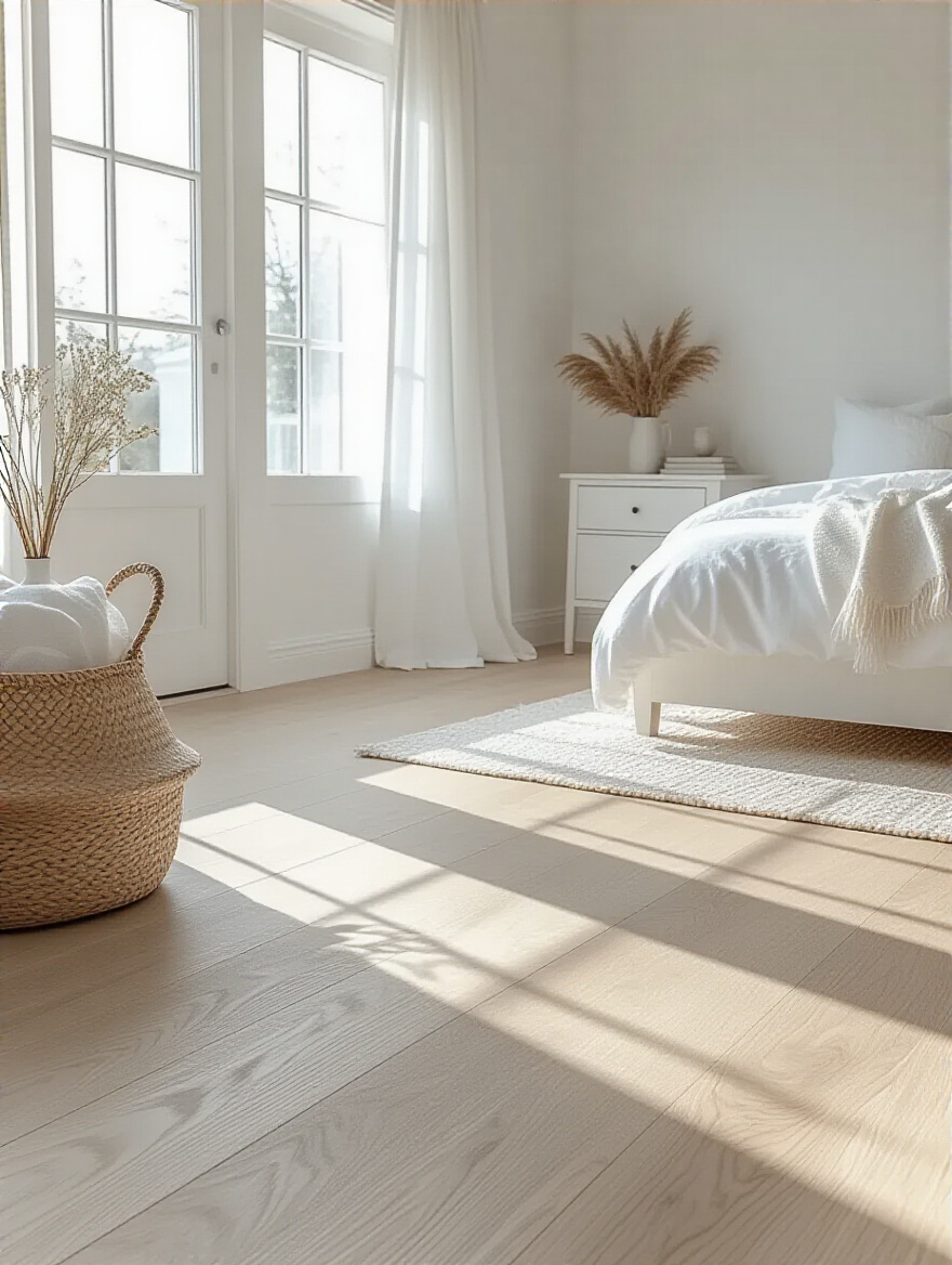 White bedroom with light wire-brushed white oak flooring complementing white decor in a serene, peaceful sanctuary
