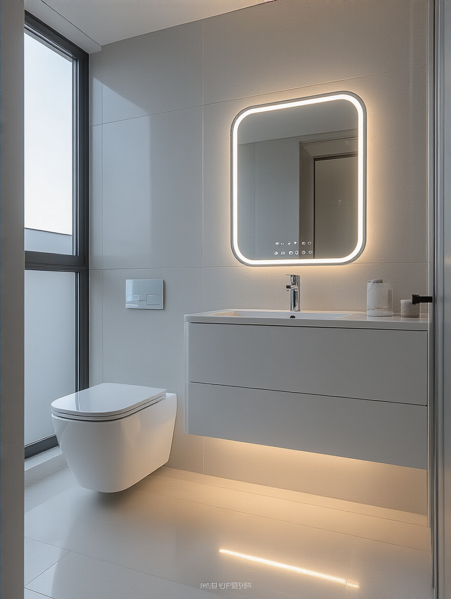 Modern bathroom vanity with smart mirror, automated toilet, and touchless faucet showcasing high-tech bathroom accessories