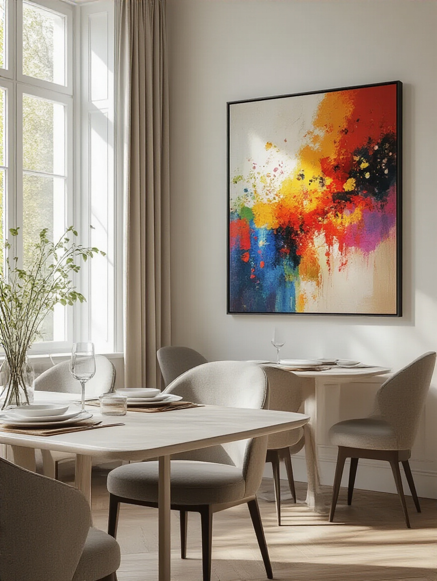 Elegant dining room with vibrant wall art above the table