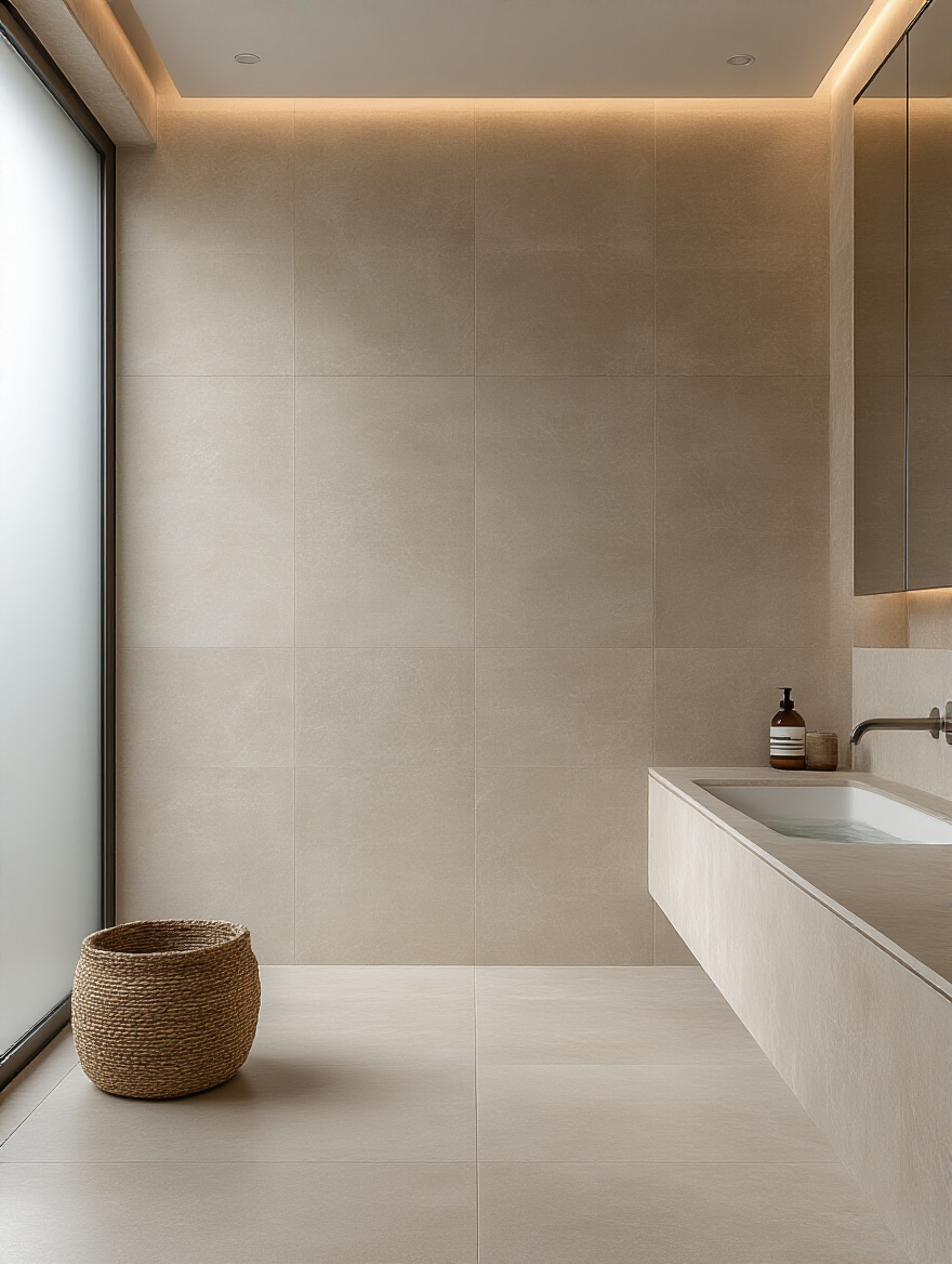 Modern bathroom corner with seamless large-format porcelain tiles on walls and floor, bright natural and LED lighting