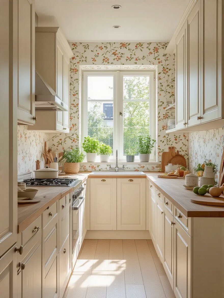 A small kitchen with light-colored wallpaper featuring a subtle floral pattern, bright natural lighting, and an open layout.
