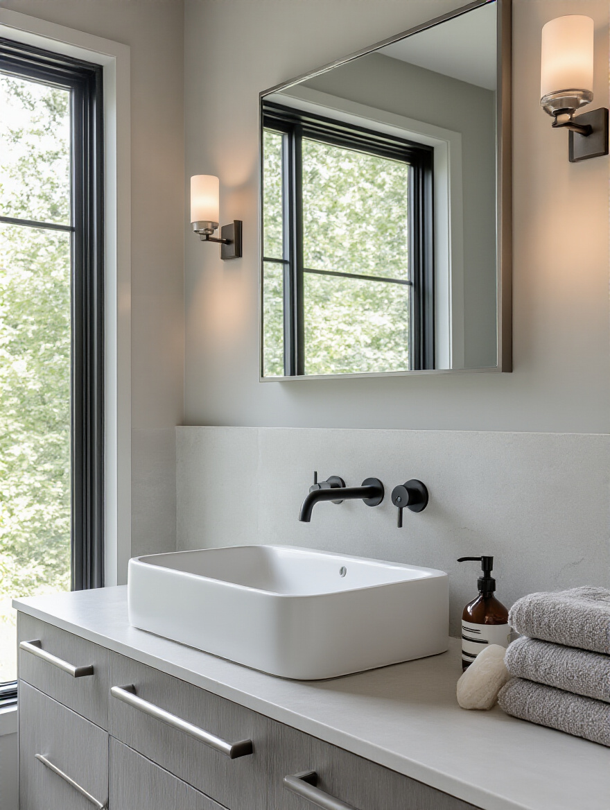 Modern bathroom with matte black and brushed nickel fixtures creating contemporary contrast