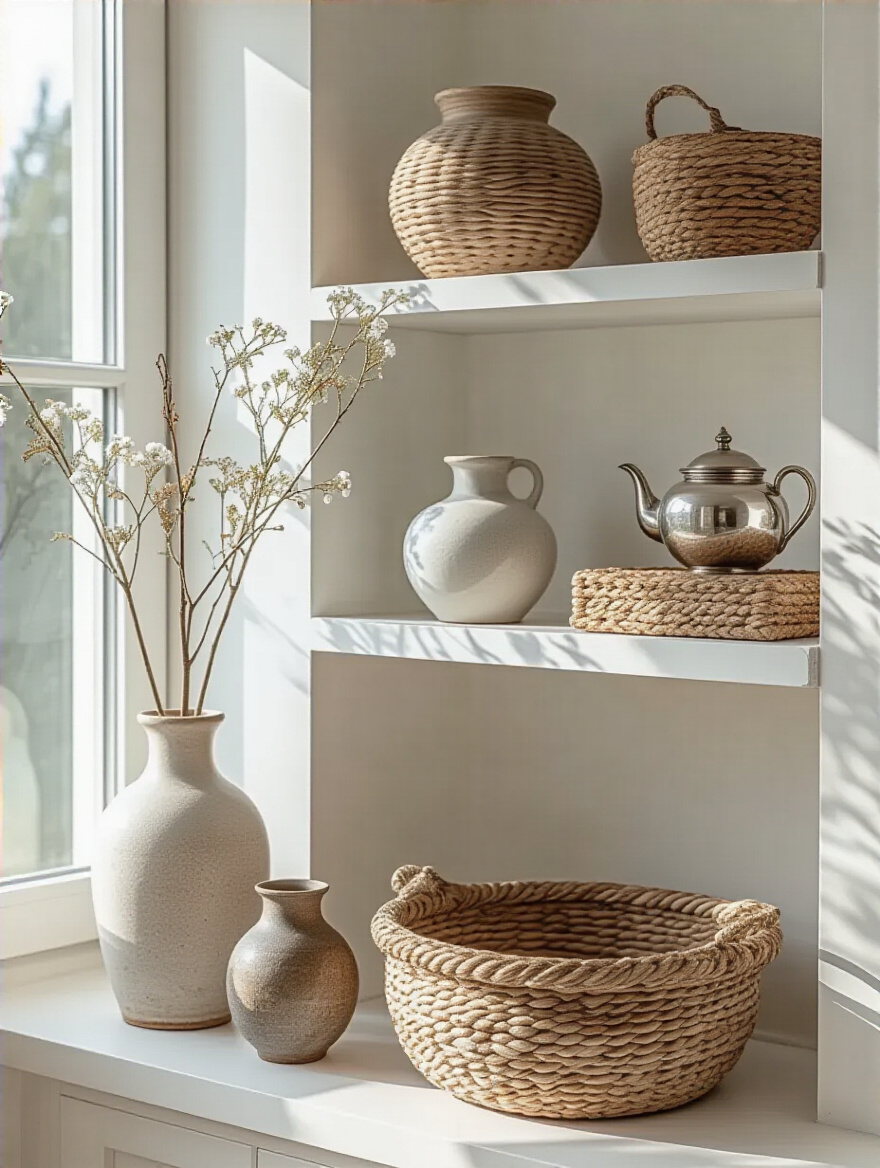Curated unique decorative objects including ceramic vases, woven basket, and antique silver set in a serene white bedroom corner