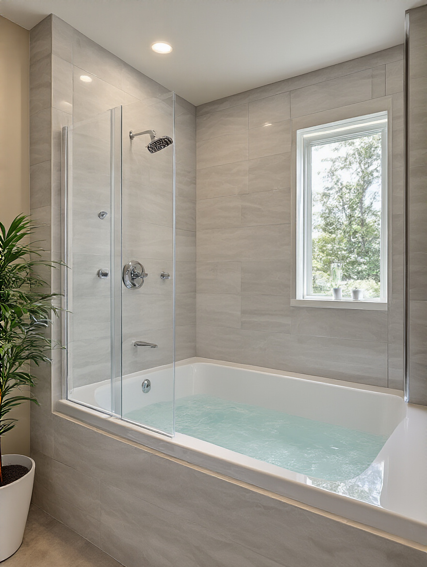 Modern bathroom with durable, easy-to-clean acrylic bathtub and solid surface shower walls