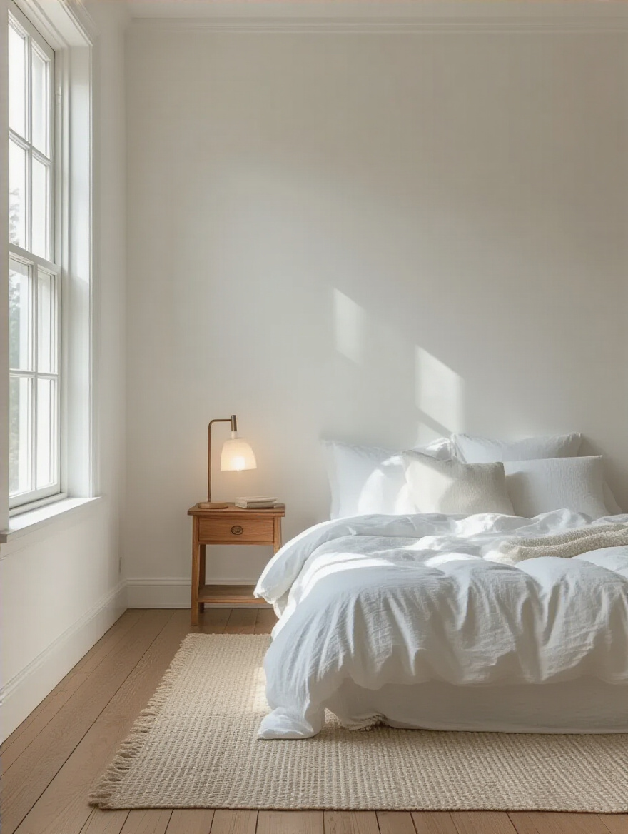 Serene white bedroom with nuanced white paint shades, soft natural light, and cozy decor