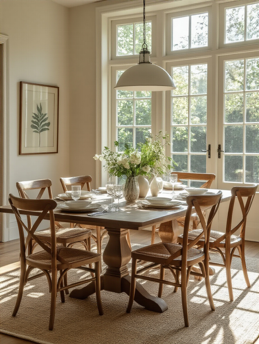 Elegant dining room with a dining table set for guests, showcasing comfortable seating and inviting decor.