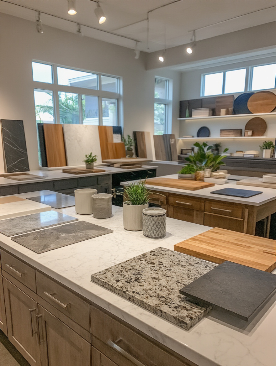 Showroom with various kitchen island countertop material samples displayed under natural and spotlight lighting, no people