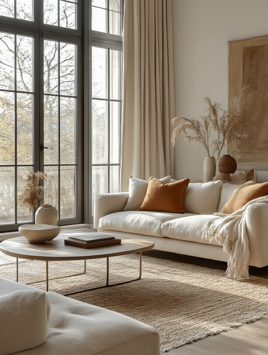 A modern living room showcasing stylish furniture and decor under natural light.