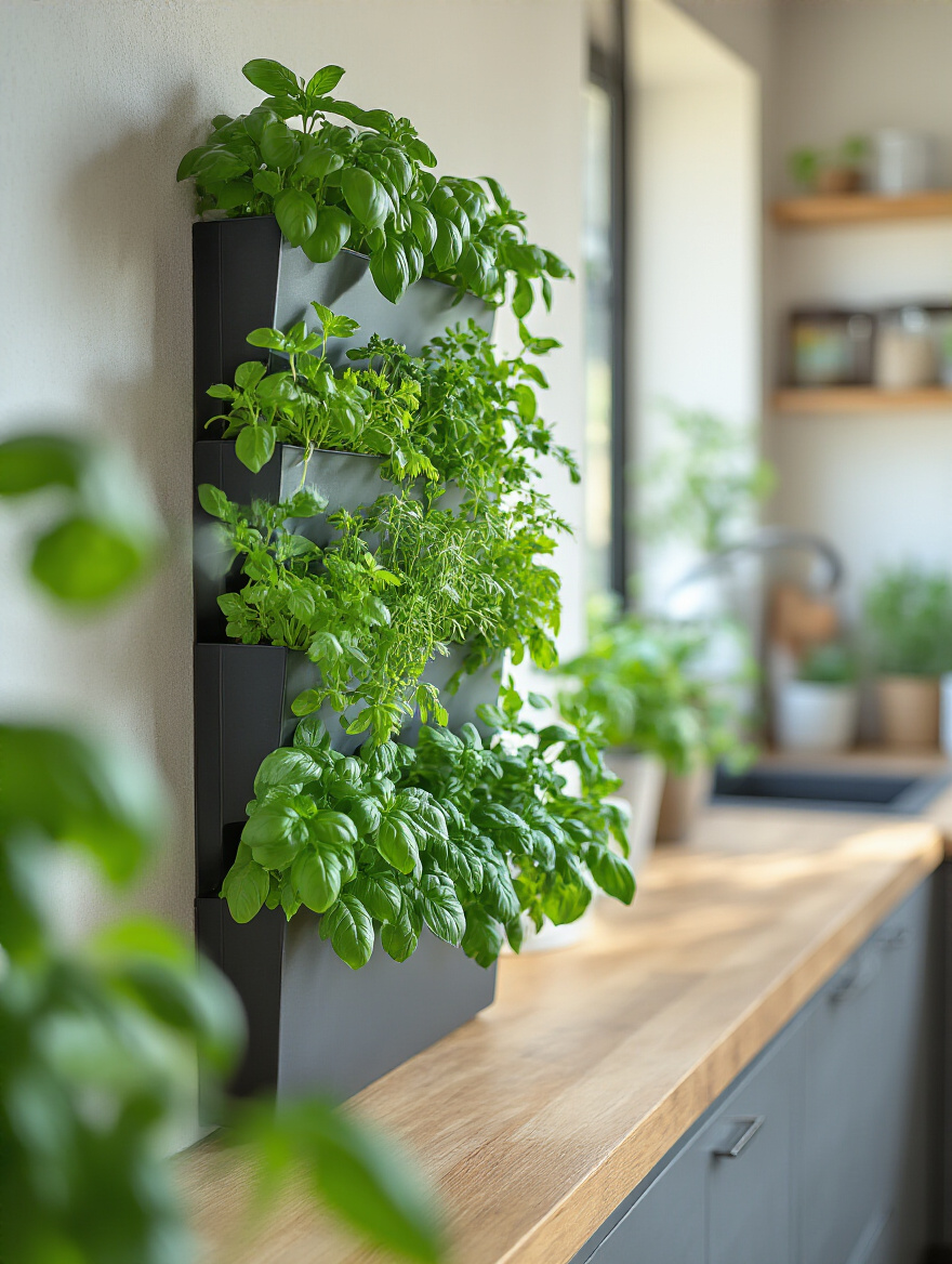 Vertical wall planter filled with indoor herbs in a stylish kitchen