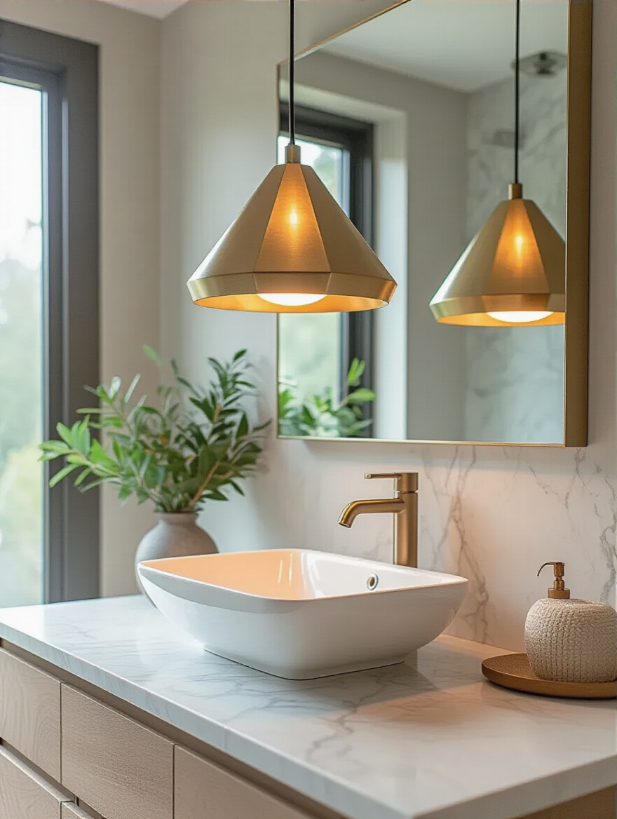 Modern bathroom sink area illuminated by a large geometric brushed brass statement pendant light hanging above, showcasing architectural interest.