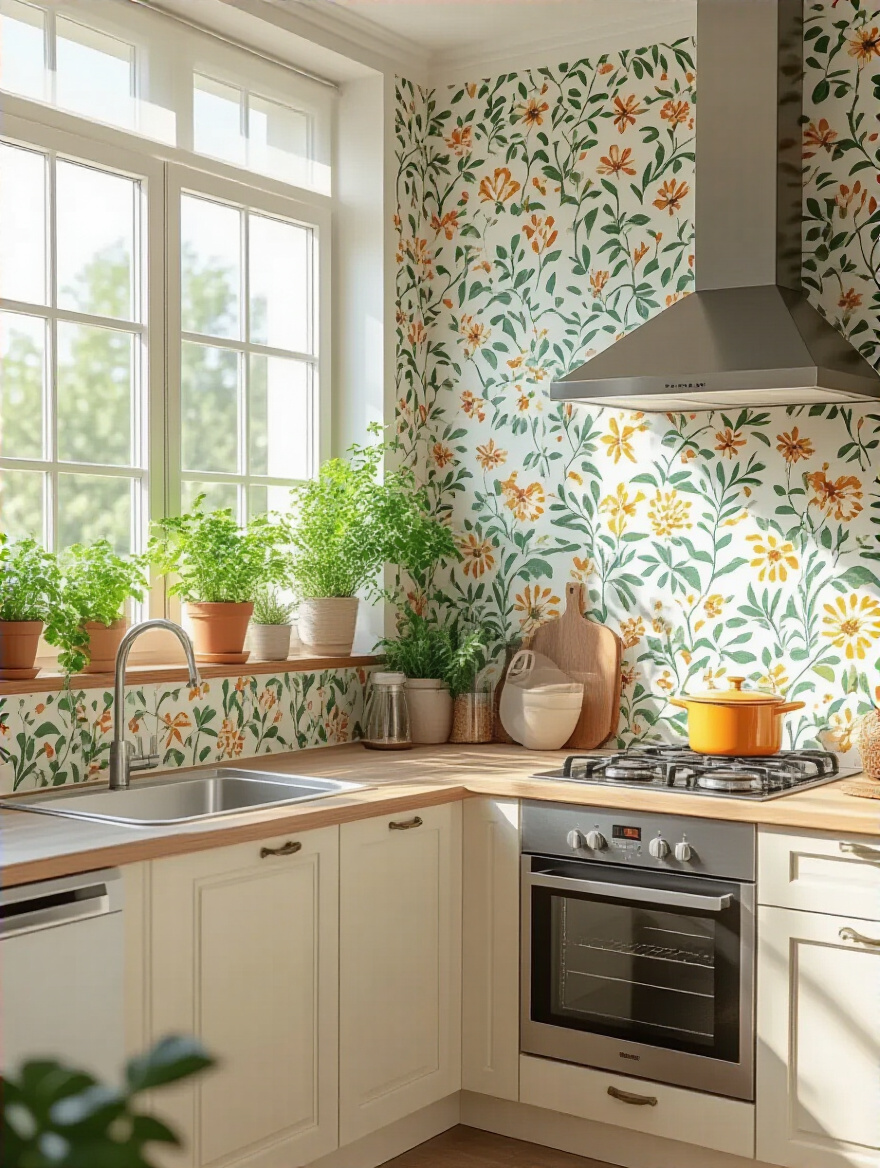 A stylish kitchen featuring vibrant wallpaper and modern decor