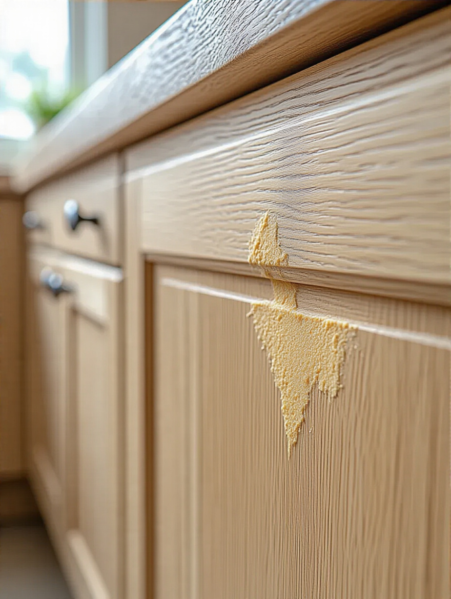Close-up of an organic kitchen cabinet door with a minor scratch being repaired using natural beeswax crayons and eco-friendly wood filler under soft natural lighting