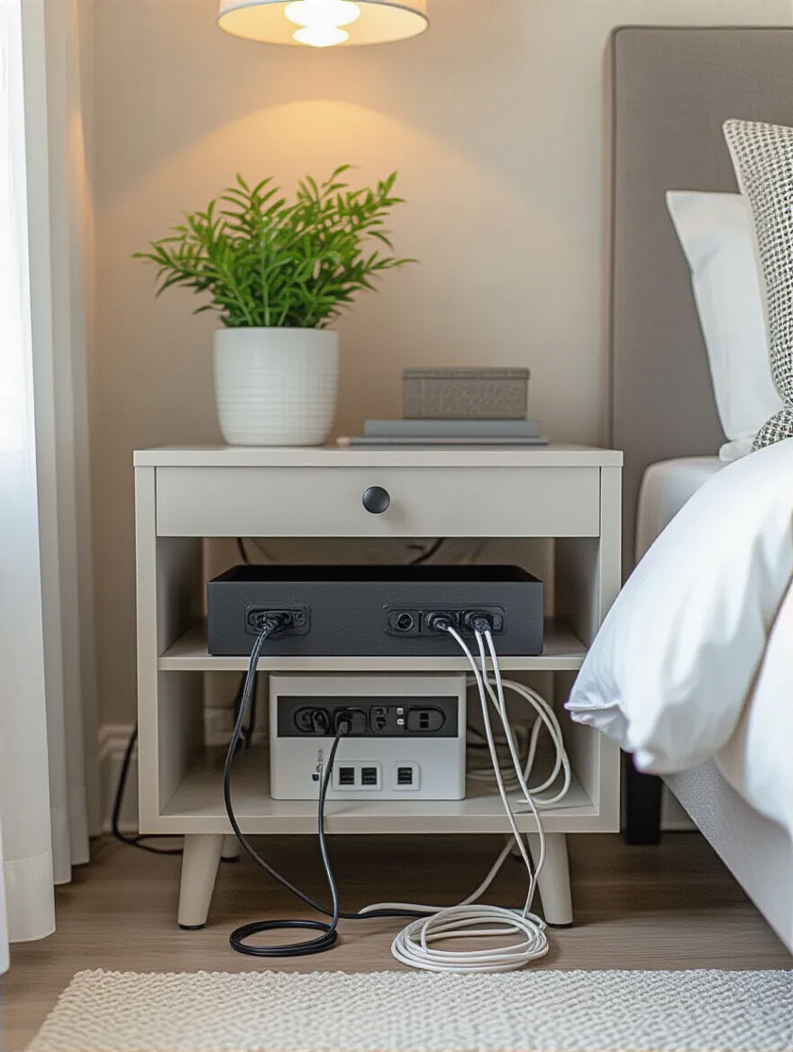 Small bedroom nightstand featuring smart cable management with concealed cables and organized power strips