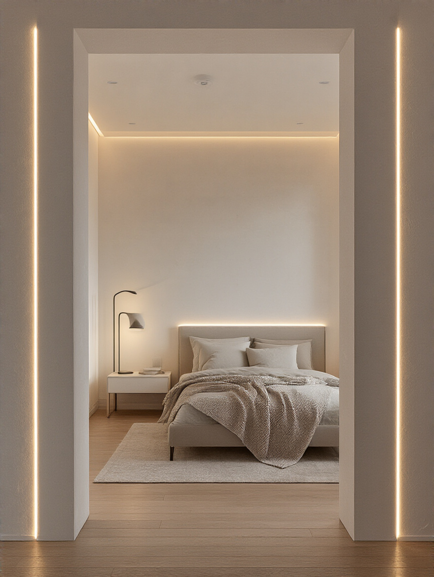 Small modern bedroom with smart layered lighting illuminating corners and walls to banish shadows and create openness