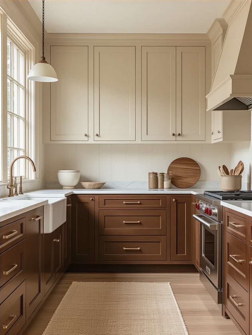 Brown kitchen with cream off-white walls softening the palette and brightening the space