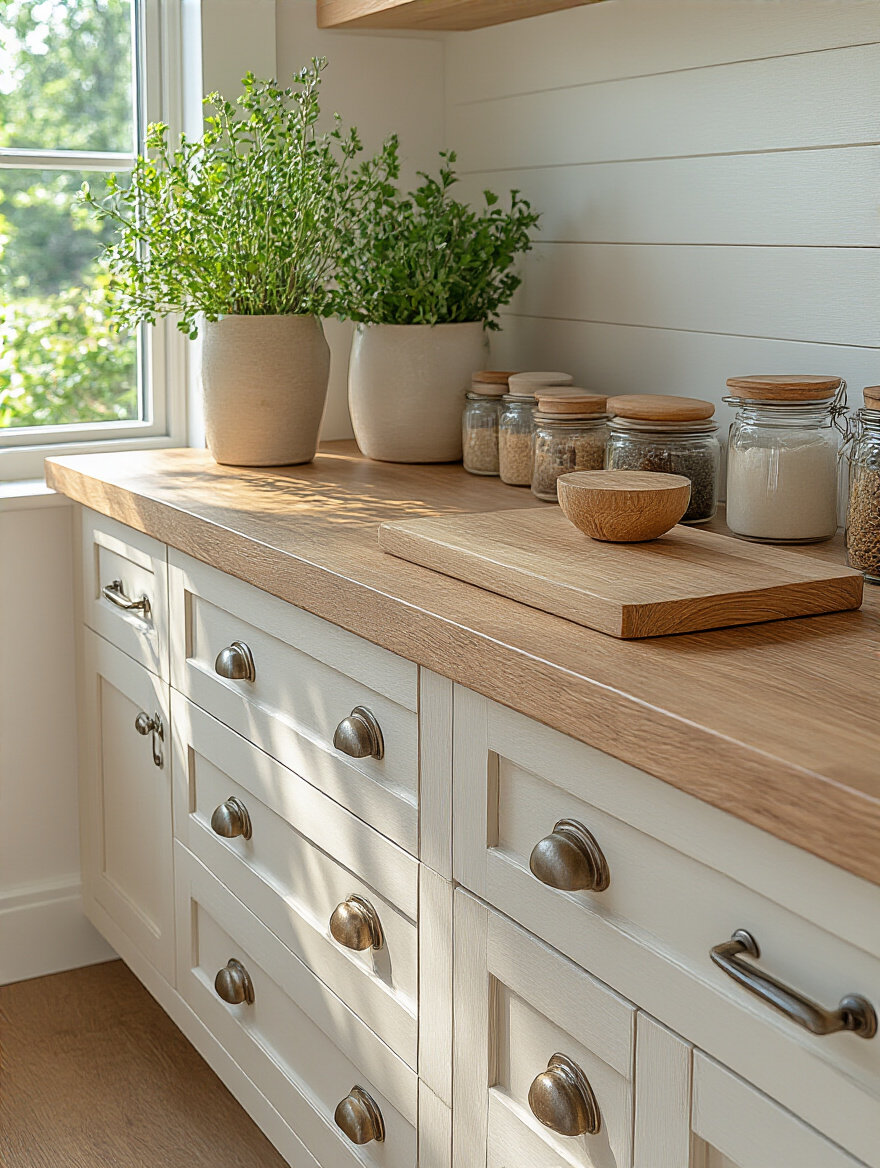 Close-up portrait of organic kitchen cabinet eco-hardware with sustainable pulls, hinges, and drawer glides made from recycled materials