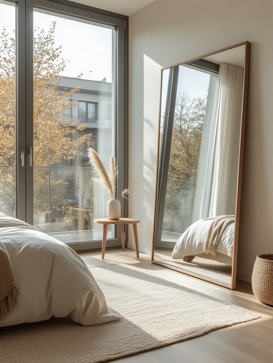 Small bedroom with a large floor-to-ceiling mirror strategically placed opposite a window, reflecting outdoor views and natural light to visually expand room size