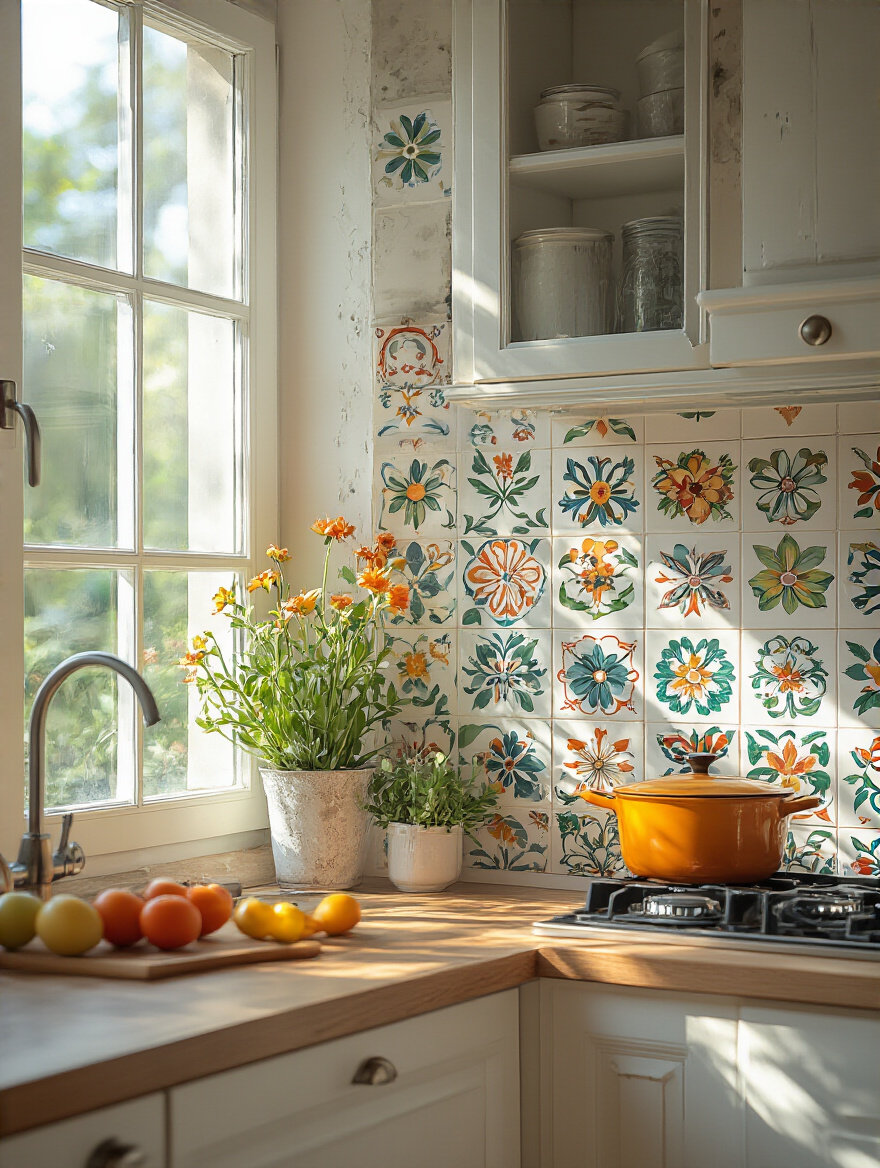 Kitchen wall with decorative decals covering stains and wear